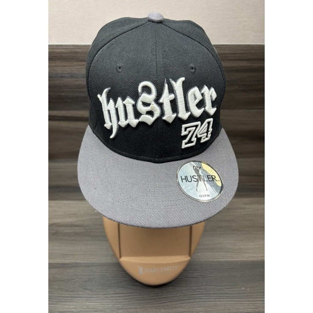Hustler 74 Snapback Hat Black Gray Flat Bill OSFM Embroidered Cap